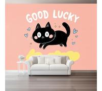 Dessin Animé Mignon Papier Peint Panoramique, 150 x 105 cm | Décoration Murale Animaux Chat Noir Cœurs Lettres Format, Tapisserie Murales Papier Peint Intissé pour Chambre Salon
