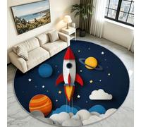 Dessin Animé Mignon Tapis Rond pour Salon Chambre à Coucher et Cheminée Salle à Manger - Espace Fusée Planète Galaxie Extérieur - Tapis de Sol poils courts doux Lavable et Antidérapant - Bleu 120 cm