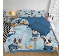 Dessin animé Moderne Boston Terrier Housse de Couette 220x240cm Bleu Réversible Parure de Lit 2 Personne Microfibre Enfant Adulte avec 2 Taie d'oreiller