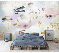 Dessin Animé Montgolfière Oiseaux En Vol Avion Branches D'Arbre Papier Peint 3D Installation Facile Intissé Tapisserie Bureau Salon Canapé Chambre Décoration Murale-350cm×256cm