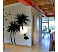 Dessin animé noir Palmier flamant Flamant Collant mural Salle de bain Chambre Plante Voyage Animaux Vacances d’été Autocollant mural Salle de jeu Autocollant