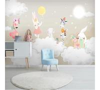 Dessin Animé Nuages Blancs Animal Lapin Flamant Rose Papier Peint 3D Installation Facile Intissé Tapisserie Bureau Salon Canapé Chambre Décoration Murale-150cm×105cm
