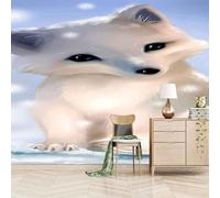 Dessin Animé Simple Renard Blanc Papier Peint 3D Installation Facile Intissé Tapisserie Bureau Salon Canapé Chambre Décoration Murale-150cm×105cm