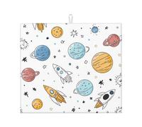 Dessin animé Space Planet Tapis égouttoir absorbant pour comptoir de cuisine Univers fusée Tapis de café protecteur avec boucle de suspension 40,6 x 45,7 cm