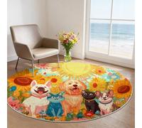 Dessin animé Tapis Rond Enfant 100 cm, Chien Chat Jardin Poils Courts Doux, Lavable en Machine & Antidérapant, Moquette Confortable pour Chambre Salon Chambre d'enfant
