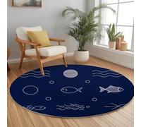 Dessin Au Trait Dessiné À La Main Poisson Rond Tapis Salon 210 cm Minimalisme Rond Tapis Intérieur, Bleu Foncé Douce Dessous antidérapant Moquette Facile Moquette pour Salon Chambre Salle à Mange