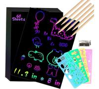 Dessin Gratter pour Enfants, 50 Feuilles à Gratter Papier Gratter Carte Gratter pour Écriture, Jeux, Dessins avec 4 Règles de Gabarit, 5 Stylets en Bois et 1 Taille-Crayon