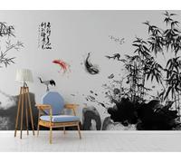 Dessiné À La Main Noir Et Blanc Bosquet De Bambous Petits Poissons Art Papier Peint 3D Installation Facile Intissé Tapisserie Bureau Salon Canapé Chambre Décoration Murale-430cm×300cm