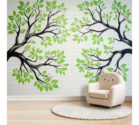Dessiné À La Main Nordique Papier Peint Panoramique, 200 x 140 cm | Plantes Branches Feuilles Vertes Mur De Briques Papier Peint Intissé, Décoration Image Murale Pour Salon Chambre Bureau TV