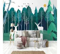 Dessiné À La Main Vert Forêt Oiseaux En Vol Cerfs Papier Peint 3d Moderne Soie Texturée Haut De Gamme IdéAl Pour Le Salon Et La Chambre à Coucher-250cm×170cm