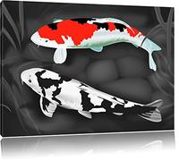 Dessiné carpes Koi noir / blanc Taille: 100x70 sur toile, énorme XXL Photos complètement encadrée avec civière, art impression sur murale avec cadre, moins cher que la peinture ou la peinture à l'huile, aucune affiche ou un poster