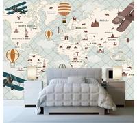 Dessins Animés Animaux Avions Montgolfières Carte Du Monde Papier Peint 3D Installation Facile Intissé Tapisserie Bureau Salon Canapé Chambre Décoration Murale-350cm×256cm
