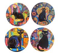 Dessous de Plat Chat Noir Rond Lot de 4 en céramique colorée de 20cm