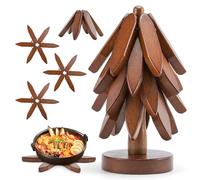 Dessous de Plat en Bois pour Plaque Chaude avec Support, en Forme d'arbre, Lot de 4 Supports Isolants en Bois Pliables pour Plats Chauds, Protège-Table Décoratif pour Casseroles, Théières et Fondue