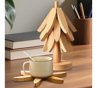 Dessous De Plat en Bois pour Plats Chauds - 4 Dessous De Plat en Bois en Forme d'arbre + 1 Support, sous-Verres en Forme D’Arbre pour Casseroles, Verres & Plats Chauds