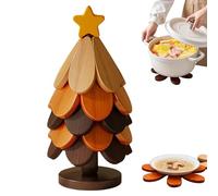 Dessous de Plat en Bois pour Plats Chauds, 5 Dessous de Plat en Bois + 1 Support rangé comme Un Sapin de Noël, Pliable en Forme d'arbre, Résistants À La Chaleur pour Casseroles Et Poêles Chaudes