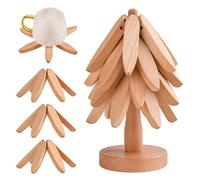 Dessous de plat en bois pour plats chauds, dessous de plat en forme d'arbre pour plats chauds - 4 dessous de plat en bois + 1 support rangé comme un sapin de Noël, dessous de plat pliable en bois