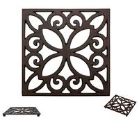 Dessous de Plat en Fonte décoratif pour Table de Cuisine ou de Salle à Manger |Carre avec Motif Vintage - avec Chevilles en Caoutchouc/Pieds - Métal recyclé - Vintage, Design Rustique- Brun