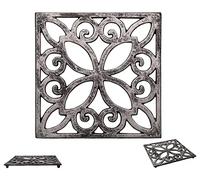 Dessous de plat en fonte décoratif pour table de cuisine ou de salle à manger |Carre avec motif Vintage - Avec chevilles en caoutchouc / pieds - Métal recyclé - Vintage, Design rustique- Argente Noir