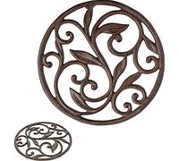 Dessous de Plat en Fonte décoratifpourtable de Cuisine ou de Salle à Manger | Rond avec Motif Vintage -avec Chevilles en Caoutchouc - Métal recyclé - Design Rustique - Couleur Rouille Brune