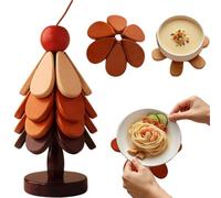 Dessous de plat pliable en bois pour plats chauds, 4 dessous de plat en bois et 1 support comme un sapin de Noël, protège le bureau pour les maniques de cuisine, les plats chauds, les théières