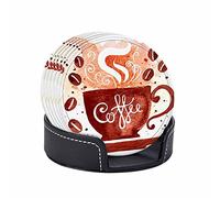 Dessous de verre à café avec support Lot de 6 tasses à café marron aquarelle avec griffonnage en cuir PU absorbant sous-verres cadeau de pendaison de crémaillère pour homme femme décoratif tasse à caf