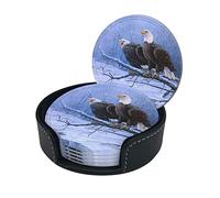 Dessous de verre avec support Couple Pygargue à tête blanche Neige d'hiver Convient pour les types de tasses Ensemble de 6 tasses rondes en cuir PU en microfibre Tasses Tapis Pad pour la maison Cuisin