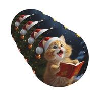 Dessous de verre avec support - Motif chat mignon chantant des chants de Noël - Dessous de verre rond en cuir pour boissons, protection de table, tapis de tasse pour table basse, cuisine, salle à