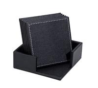 Dessous de Verre Carré sous-Verre en Cuir PU Coaster Noir Tapis de Table avec Support pour Café Thé Bière Boissons 6 Pièces