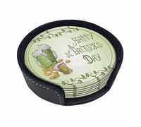 Dessous de verre de la Saint-Patrick avec support 6 pièces, verres à bière irlandaise pipe à tabac pièces d'or trèfle cadre sous-verres en cuir pour boissons, sous-verres ronds pour cadeaux de pendais