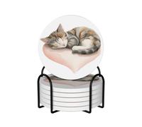 Dessous de Verre en céramique Aquarelle avec Support, Motif Chat Dormant sur Un Coussin en Forme de cœur, Lot de 6, pour Tasses à café.