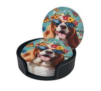 Dessous de Verre en Cuir de qualité supérieure avec Support, Motif Basset Hound, Happy Spring Summer Puppy - Lot de 6 | Dessous de Verre élégants pour la Cuisine, Le café et la décoration intérieure