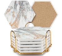 Dessous de Verre en marbre pour Boissons Absorbant avec Base en liège, 6pcs Dessous de Verre pour Table en Bois avec Support en métal doré