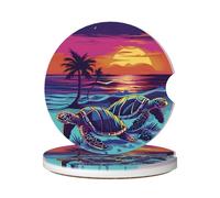 Dessous De Verre pour Voiture 6.5Cm, Coucher De Soleil sur La Plage, Tortue Marine Néon Facile À Nettoyer sous Verres De Voitures Réutilisable sous Verre Voiture pour Tasses Hommes,2 Pièces