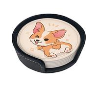 Dessous de Verre Ronds, Dessous de Verre en Cuir, Lot de 6 Tapis de Tasses pour la Maison/Bureau/Bar, Dessin animé Mignon Corgi Chien Fesses
