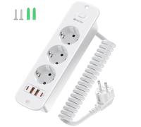 Dessus de table, prise rétractable 3 prises avec 4 USB (2 x USB-A + 2 x USB-C) et interrupteur, prise encastrée pour plateau de table avec câble spiralé de 2 m, 4000 W/16 A, bureau à domicile et