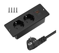 Dessus de table - Prise rétractable avec 1 USB et 1 type C - Prise encastrée - Multiprise avec câble de 2 m - Prise de table - Double prise pour plan de table ou plans de travail - Noir