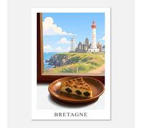 Destination Toiles Poster bretagne Pointe Saint-mathieu. Affiche far breton style cubique couleurs claires bleu et blanc. Déco de cuisine français. Sans cadre.