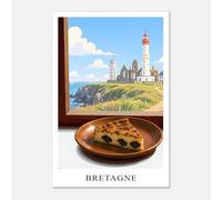 Destination Toiles Poster bretagne Pointe Saint-mathieu. Affiche far breton style cubique couleurs claires bleu et blanc. Déco de cuisine français. Sans cadre. (40x60)