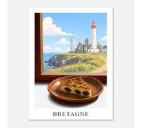 Destination Toiles Poster bretagne Pointe Saint-mathieu. Affiche far breton style cubique couleurs claires bleu et blanc. Déco de cuisine français. Sans cadre. (30x40)