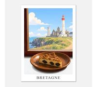Destination Toiles Poster bretagne Pointe Saint-mathieu. Affiche far breton style cubique couleurs claires bleu et blanc. Déco de cuisine français. Sans cadre. (50x70)