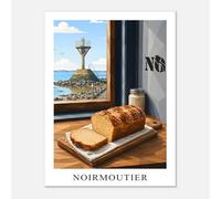 Destination Toiles Poster Noirmoutier et passage du Gois. Affiche brioche tressée vendéenne style cubique, bleu, gris et marron. Déco de cuisine Vendée. (30x40)
