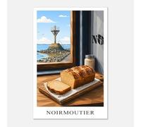 Destination Toiles Poster Noirmoutier et passage du Gois. Affiche brioche tressée vendéenne style cubique, bleu, gris et marron. Déco de cuisine Vendée. (40x60)