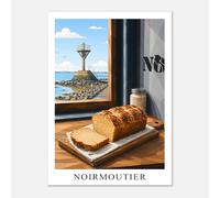 Destination Toiles Poster Noirmoutier et passage du Gois. Affiche brioche tressée vendéenne style cubique, bleu, gris et marron. Déco de cuisine Vendée. (50x70)