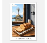 Destination Toiles Poster Noirmoutier et passage du Gois. Affiche brioche tressée vendéenne style cubique, bleu, gris et marron. Déco de cuisine Vendée.