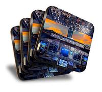 Destination Vinyl ltd Lot de 4 grands dessous de verre carrés - Plateau de vol d'avion, pilote, pilote, verre brillant, protection de table pour tout type de table #16297