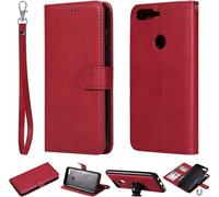 Detachable 2 In 1 Wallet Coque For Pour Huawei Y7 2018 / Y7 P Rime 2018 / Y7 Pro 2019 / Honor 7c Fit Car Mount Pu Leather Flip Cover With Wrist Strap - Red