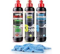detailmate Auto Polish Set - Menzerna voiture polish Super Heavy Cut Compund HC300 + Super Finish SF3500 + Liquid Carnauba Protection - 250 ml - chiffon de polissage microfibre à poils longs 550 GSM