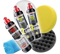 detailmate Kit de Polissage - Menzerna 250ml: Heavy Cut Compund HCC400 + Medium Cut 2500 + Super Finish Plus SFP3800 + 3x Tampons 1x Chiffon de Polissage