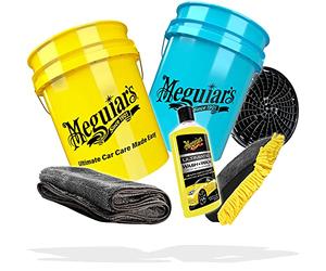 detailmate Lot de 2 seaux de lavage pour voiture - Gants de lavage + 2 seaux de lavage Meguiars + inserts de seau + shampoing auto Meguiar's Wash & Wax 473 ml + chiffon sec en microfibre